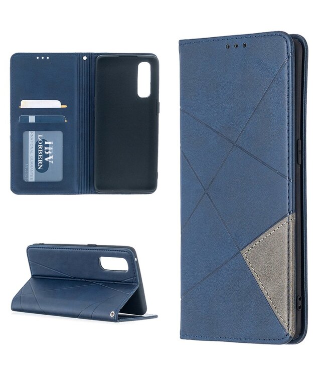 Blauw Geometrisch Patroon Bookcase Hoesje voor de Oppo Reno3 Pro / Find X2 Neo