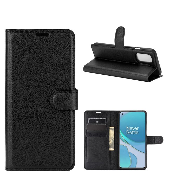 Zwart Litchee Bookcase Hoesje voor de OnePlus 8T