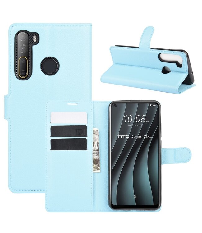 Lichtblauw Litchee Bookcase Hoesje voor de HTC Desire 20 Pro