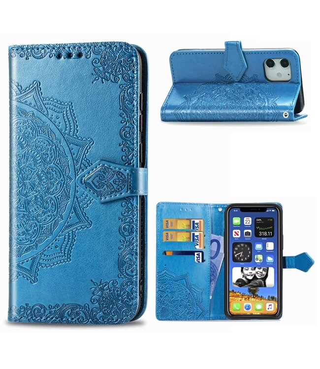 Blauw Mandala Flower Bookcase Hoesje voor de iPhone 12 mini