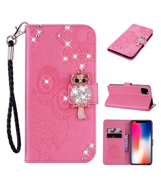 Roze Owl Diamonds Bookcase Hoesje iPhone 12 (Pro)