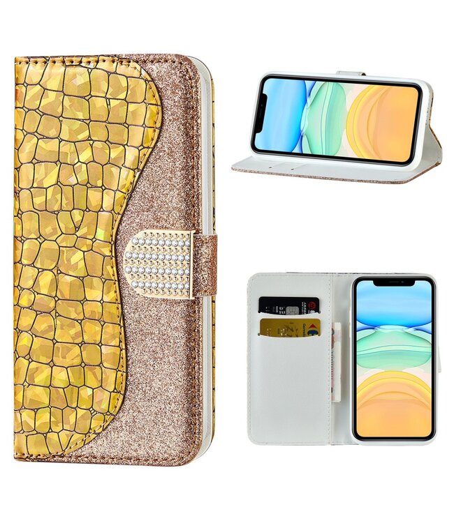 Goud Bling Bling Bookcase Hoesje voor de iPhone 12 (Pro)