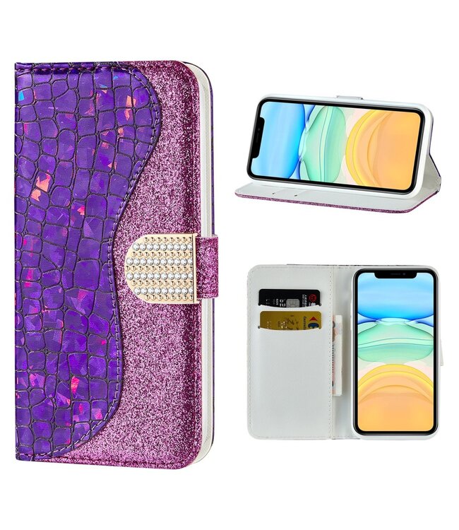 Paars Bling Bling Bookcase Hoesje voor de iPhone 12 (Pro)