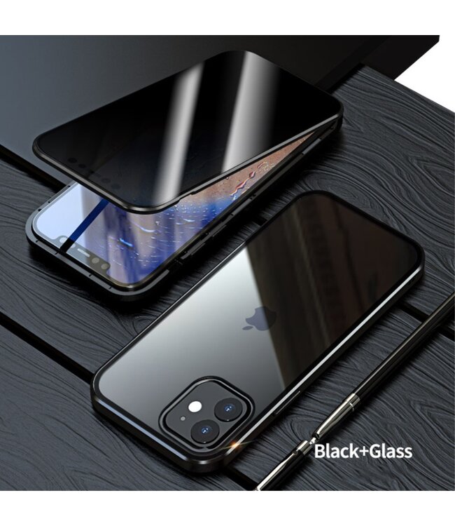 Zwart Metaal + Tempered Glass Hardcase Hoesje voor de iPhone 12 (Pro)