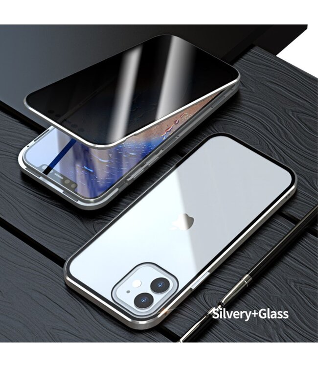 Zilver Metaal + Tempered Glass Hardcase Hoesje voor de iPhone 12 (Pro)