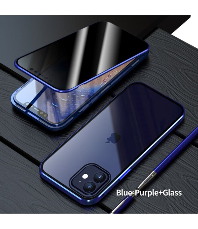 Blauw Metaal + Tempered Glass Hardcase Hoesje voor de iPhone 12 (Pro)