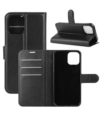 Zwart Litchee Bookcase Hoesje iPhone 12 Pro Max