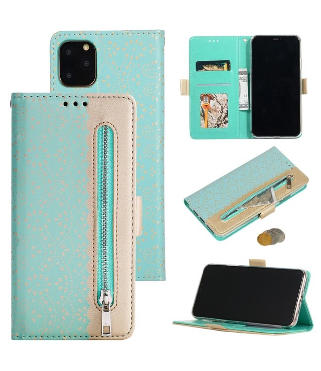 Turquoise Kanten Design Bookcase Hoesje voor de iPhone 12 Pro Max