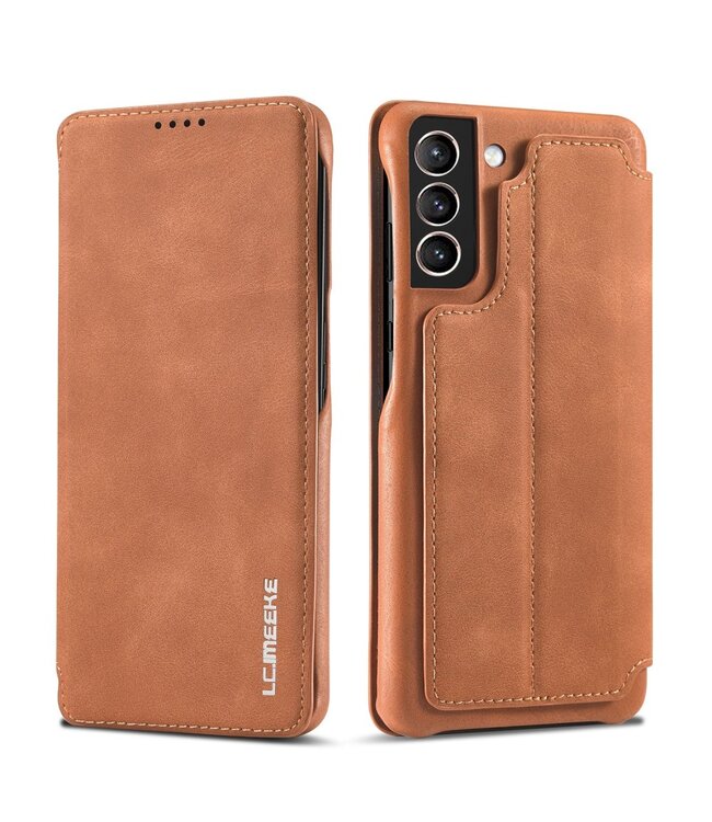 LC.IMEEKE Bruin Retro Bookcase Hoesje voor de Samsung Galaxy S21 FE