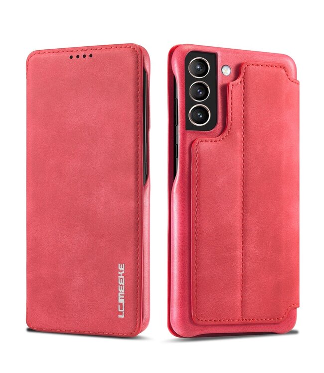 LC.IMEEKE Rood Retro Bookcase Hoesje voor de Samsung Galaxy S21 FE