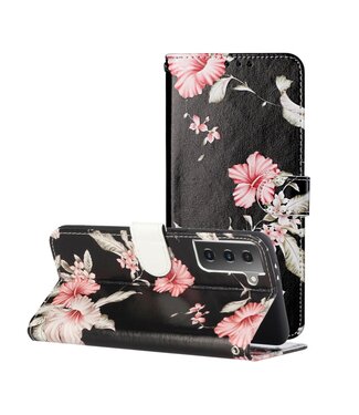 Roze Bloemen Bookcase Hoesje Samsung Galaxy S21