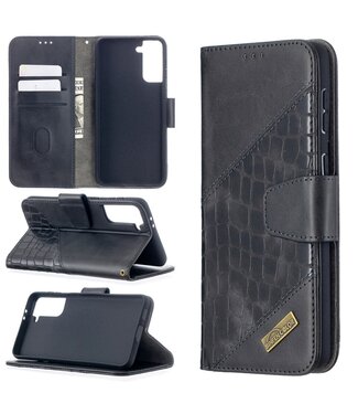Zwart Krokodillen Bookcase Hoesje Samsung Galaxy S21 Plus