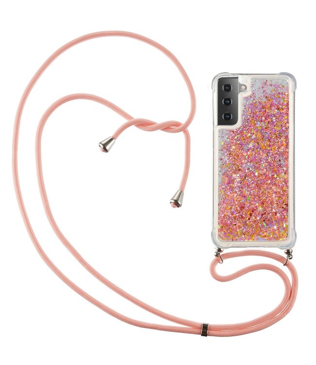 Roze Glitter TPU Hoesje + Koord voor de Samsung Galaxy S21 Plus