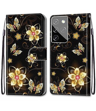 Gouden Bloemen Bookcase Hoesje Samsung Galaxy S21 Ultra