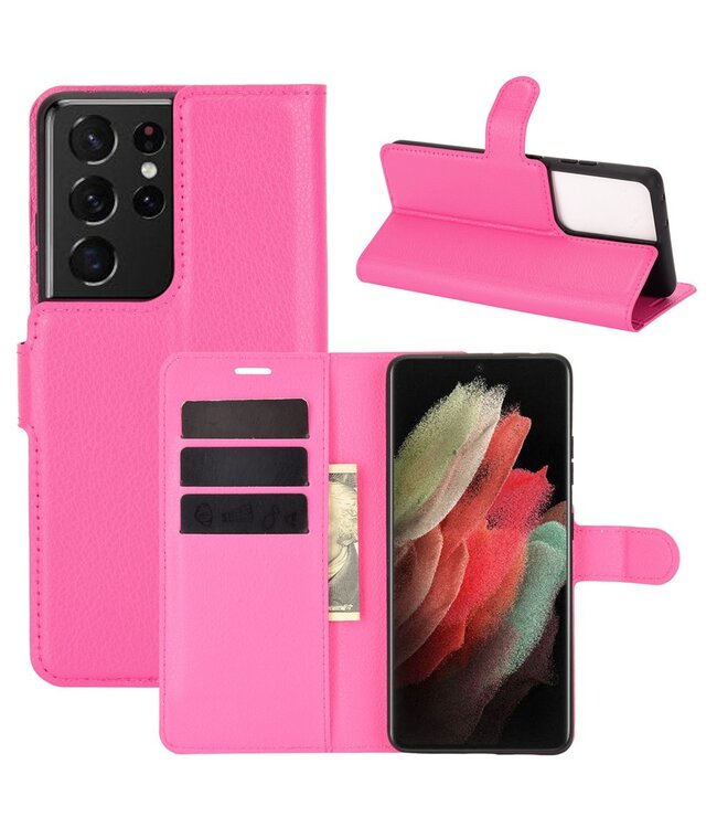 Roze Lychee Bookcase Hoesje voor de Samsung Galaxy S21 Ultra