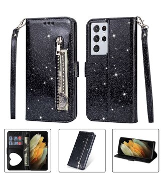 Zwart Glitters Wallet Hoesje Samsung Galaxy S21 Ultra