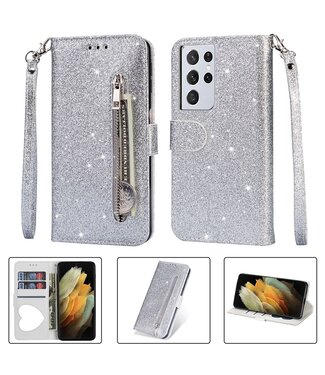 Zilver Glitters Wallet Hoesje Samsung Galaxy S21 Ultra