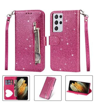 Roze Glitters Wallet Hoesje Samsung Galaxy S21 Ultra