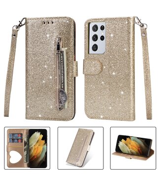 Goud Glitters Wallet Hoesje Samsung Galaxy S21 Ultra