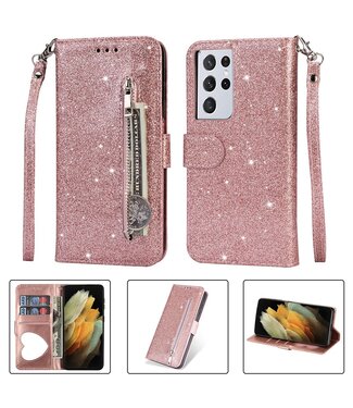 Rosegoud Glitters Wallet Hoesje Samsung Galaxy S21 Ultra
