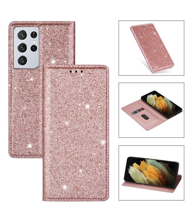 Rosegoud Glitter Bookcase Hoesje voor de Samsung Galaxy S21 Ultra