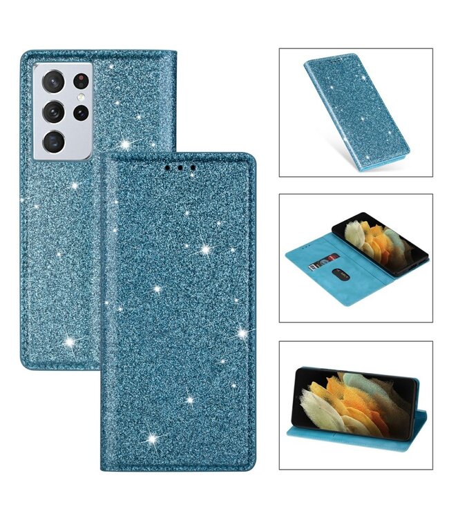 Groen Glitter Bookcase Hoesje voor de Samsung Galaxy S21 Ultra