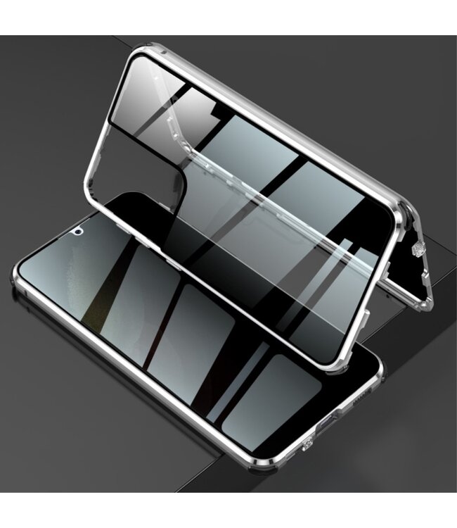 Zilver Dubbelzijdig Metaal + Tempered Glass Hoesje voor de Samsung Galaxy S21 Ultra