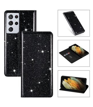 Zwart Glitter Bookcase Hoesje Samsung Galaxy S21 Ultra