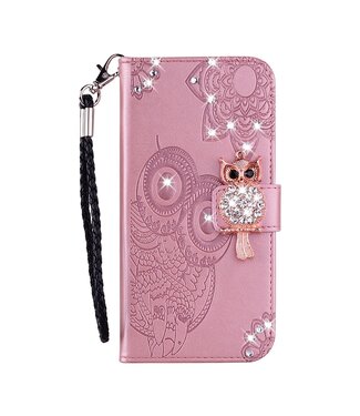 Rosegoud Uil En Diamant Bookcase Hoesje Samsung Galaxy A22 (5G)