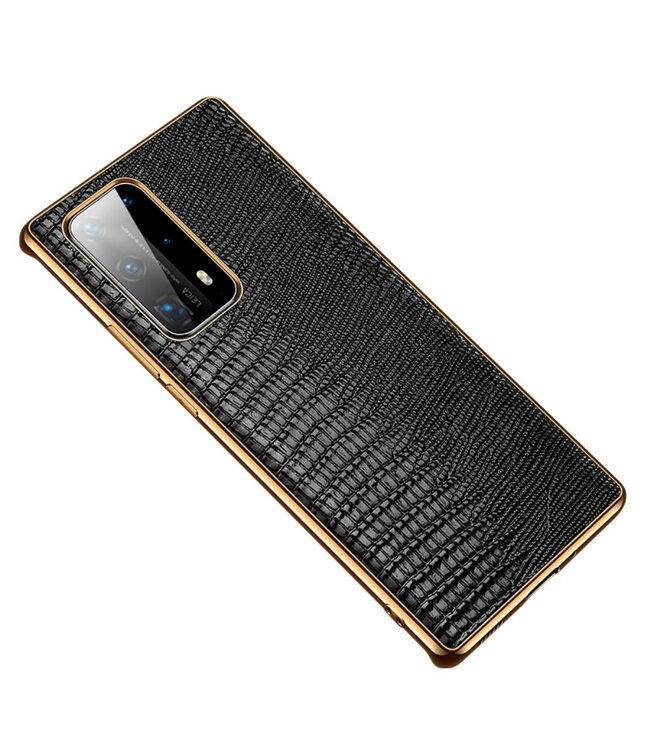 Zwart Hagedis Genuine Lederen Hoesje voor de Huawei P40 Pro Plus