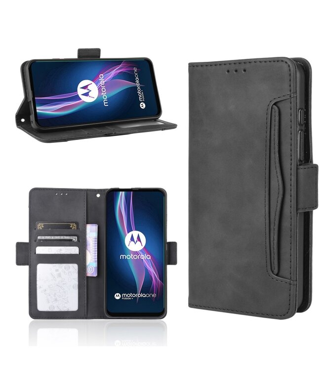 Zwart Faux Lederen Bookcase Hoesje voor de Motorola One Fusion Plus