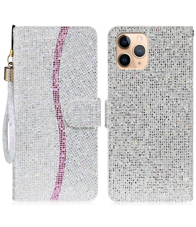 Zilver Glitter En Koord Bookcase Hoesje voor de iPhone 13 Pro