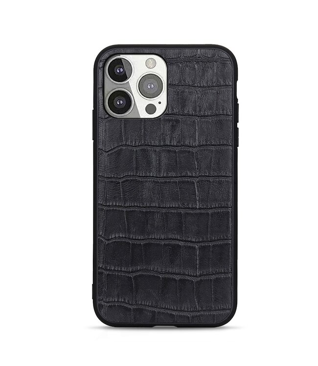 Zwart Krokodillen Genuine Lederen Hoesje voor de iPhone 13 Pro