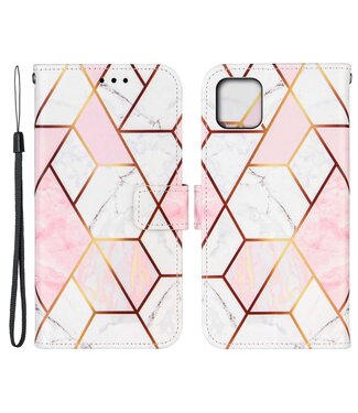 Roze / Wit Marmer Bookcase Hoesje iPhone 13 Pro