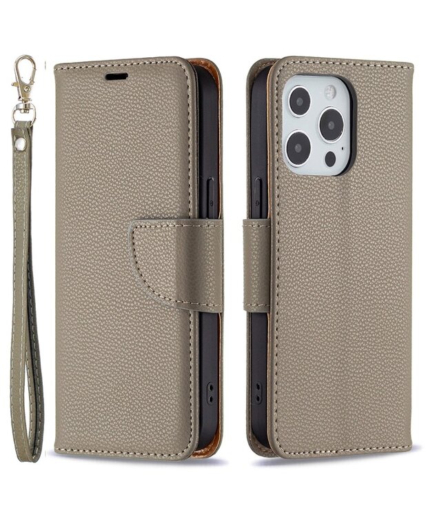 Grijs Lychee Bookcase Hoesje voor de iPhone 13 Pro