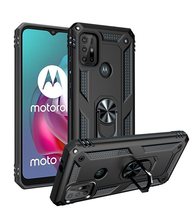 Zwart Ring Kickstand Hybrid Hoesje voor de Motorola Moto G10