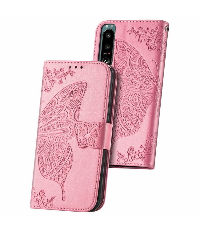 Roze Vlinder Bookcase Hoesje voor de Sony Xperia 5 III