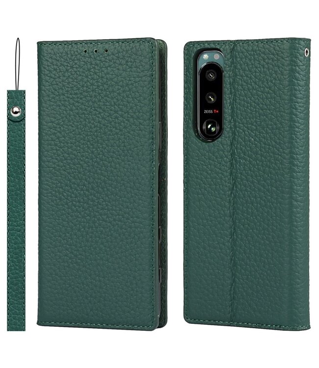 Groen Genuine Lederen Bookcase Hoesje voor de Sony Xperia 5 III