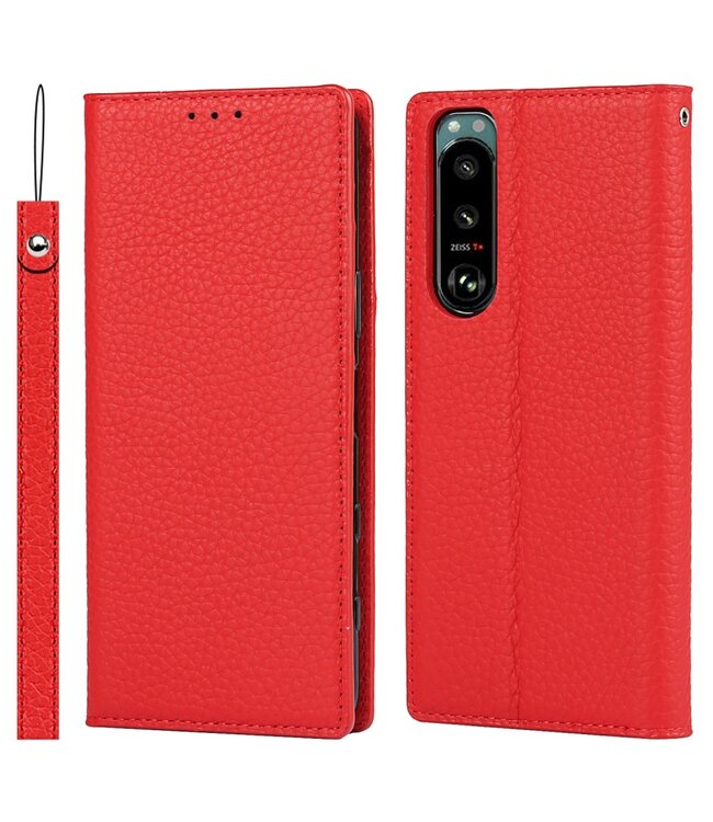 Rood Genuine Lederen Bookcase Hoesje voor de Sony Xperia 5 III