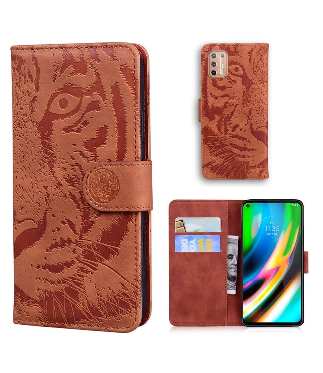 Bruin Tijger Bookcase Hoesje voor de Motorola Moto G9 Plus