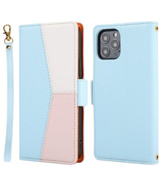 Blauw / Roze / Wit Lychee Bookcase Hoesje iPhone 13 Pro Max