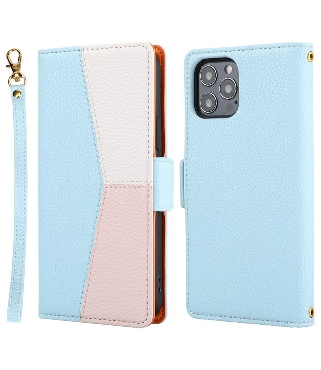 Blauw / Roze / Wit Lychee Bookcase Hoesje voor de iPhone 13 Pro Max