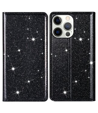 Zwart Glitter Bookcase Hoesje iPhone 13 Pro Max