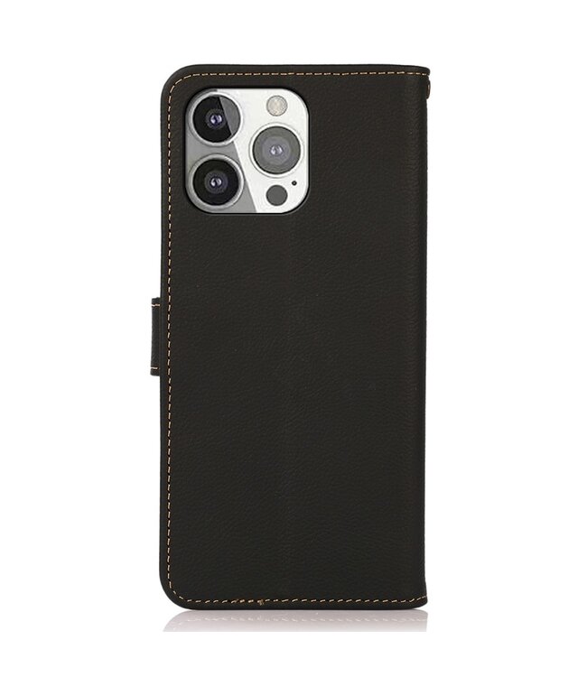 Khazneh Zwart Genuine Lederen Bookcase Hoesje iPhone 13 Pro Telefoonhoesjestore.nl