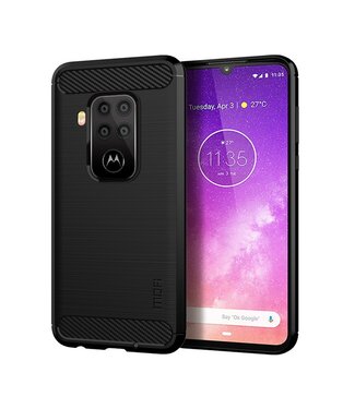 Mofi Zwart Geborsteld Carbon TPU Hoesje Motorola One Zoom