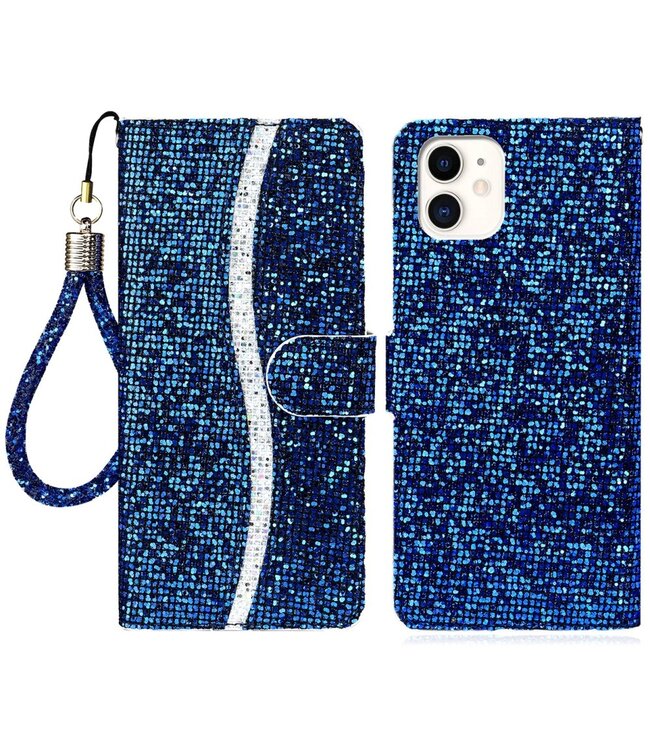 Blauw Glitter Bookcase Hoesje voor de iPhone 13 Mini