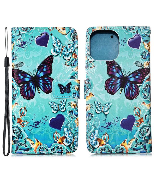 Vlinders En Hartjes Bookcase Hoesje voor de iPhone 13 Mini