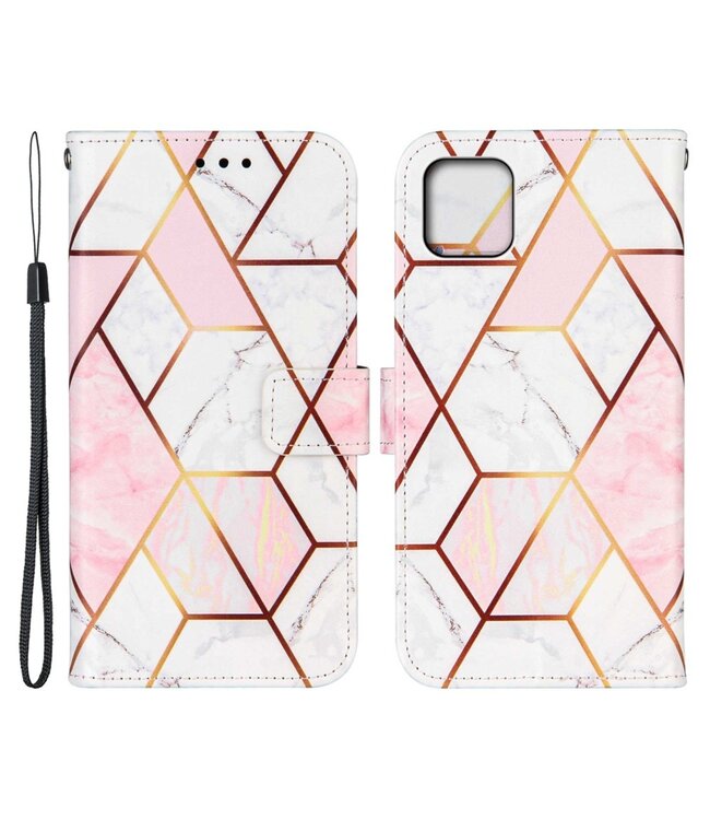 Roze / Wit Marmer Bookcase Hoesje voor de iPhone 13 Mini