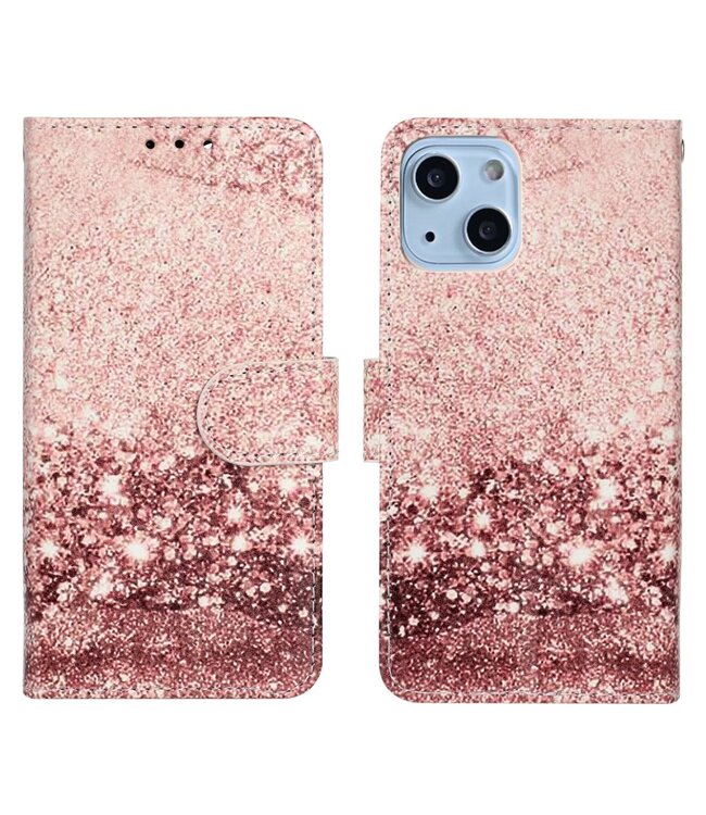 Rosegoud Glitter Bookcase Hoesje voor de iPhone 13 Mini