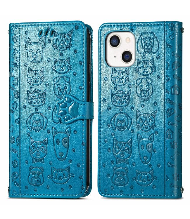 Blauw Kat En Hond Bookcase Hoesje voor de iPhone 13 Mini